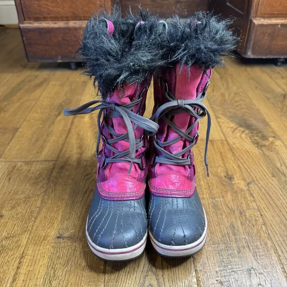 Girls Sorel Pink Suede Snow Boots Tofino Muck Funky Faux Fur Trim Size 3 Youth